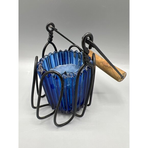 Cobalt Blue Glass Candle Holder With Iron Holder Wood Handle Primitive Look 4.5" - Picture 7 of 15